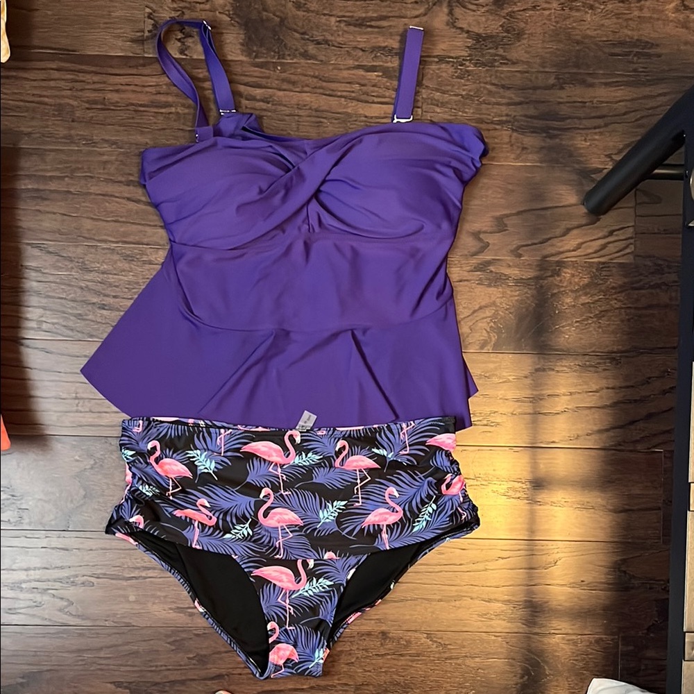 Purple Tankini Top with Flamingo Print Bottoms Plus Size